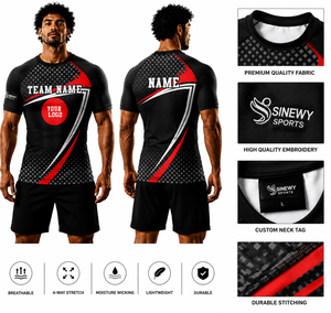 เสื้อยืดออกกำลังกาย MMA แขนสั้นผู้ชายแบบแห้งเร็วพิมพ์ลายซับลิเมชั่นตามสั่ง SINEWY สีดำ แดง ขาว ดีไซน์ Rash Guard - Product Image 1