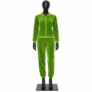 Ensemble de survêtement en velours vert pour femme, veste à fermeture éclair à manches longues et pantalon, décontracté, couleur unie, respirant, coupe régulière, automne - Product Image 1