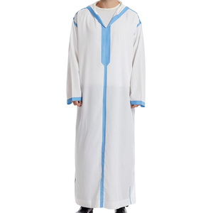 Light Blue Grey Men Islamic Thobe Long Sleeve Embroidered Neckline Arabic Kandura Dishdasha <b>Muslim</b> Jubba Traditional <b>Dress</b> - Product Image 3