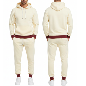 Ensemble de survêtement pour homme le plus vendu, couleur contrastée crème et bordeaux, avec capuche et poignets côtelés, respirant, idéal pour le sport - Product Image 3