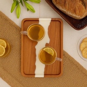 Acacia Wood & Resin Serving <b>Tray</b> with Cup Holder | Luxury Wooden <b>Breakfast</b> <b>Tray</b> with Handle for Coffee & Snacks - Product Image 3