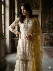 ชุดกางาร่าผ้าไหมดีไซเนอร์ Fendy สำหรับผู้หญิง – ชุดซัลวาร์ คามีซปักลายหนักประดับเลื่อม พร้อมผ้าคลุมไหล่เน็ต สำหรับงานแต่งงาน - Product Image 4