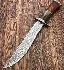 Custom DIY Handmade Camping Bowie <b>Knife</b> Clip Point Blade Damascus Steel 3mm Straight Edge Wood+<b>Bone</b> <b>Handle</b> Leather Sheath 15inch - Product Image 1
