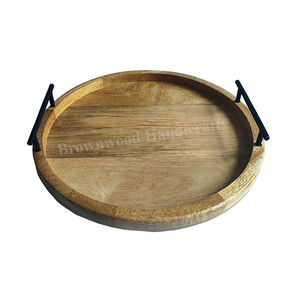 Superior Quality Handmade round Mango Wood Serving Tray with Elegant Home <b>Kitchen</b> Metal Handles Wholesale Serving Trays - Product Image 1