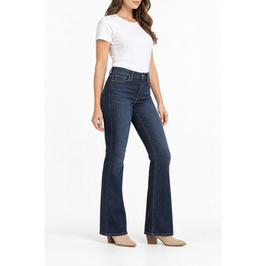 Jeans de mezclilla de mujer de tiro medio, corte bootcut, índigo oscuro, ajuste skinny, logo bordado, estilo ancho, tallas XS-6XL, OEM, marca privada - Product Image 3