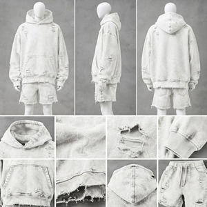 Conjunto de Sudadera con Capucha y Pantalones Cortos Oversize para Hombre, Lavado Ácido, Desgastado, con Cremallera, Dos Piezas, Servicio OEM, 100% Algodón Felpa - Product Image 2
