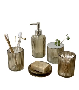 Three-piece Ribbed Glass Ceramic Eco-Friendly Bathroom Accessories <b>Set</b> <b>Soap</b> Dispenser Toothbrush Holder <b>Soap</b> Dish Cotton Jar - Product Image 1