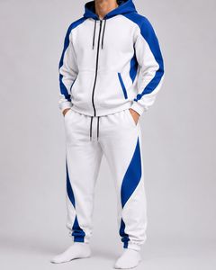 Men's White Blue Color Blocking Tracksuit Full <b>Zip</b> <b>Hooded</b> Sporty Style Regular Fit Autumn Wear With Side Pockets - Product Image 1