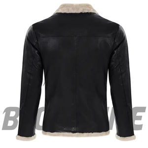 Chaqueta de Cuero Genuino Negra para Hombre, Corte Ajustado, Estilo Motero, Cierre de Cremallera, Cuello Alto, Forro de Piel Sintética, Ropa de Invierno - Product Image 3
