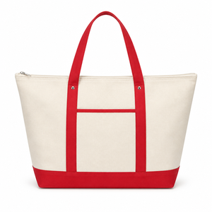 Grand sac fourre-tout en toile crème avec sangles rouges, poche avant zippée, poignée d'épaule, idéal pour le voyage, personnalisable avec broderie, réutilisable, cadeau - Product Image 1