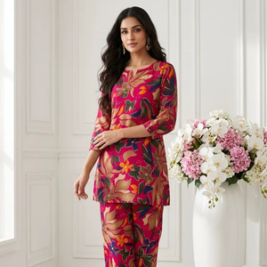Ensemble coordonné en rayonne et coton avec Kurti et Palazzo imprimés à la feuille d'or pour femme - Product Image 1