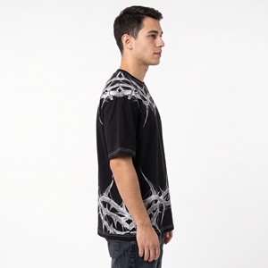 Oversized Black T <b>Shirt</b> for <b>Men</b> with <b>White</b> Abstract Tribal Thorn Graphics and <b>Short</b> <b>Sleeve</b> Crew Neck Design - Product Image 4