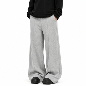 Pantalon large gris pour femme 2026, taille haute élastique, coupe ample, longueur intégrale, couleur unie, en molleton de coton, décontracté, pour l'automne - Product Image 4