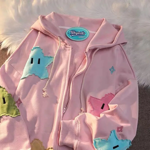 Sweat-shirt rose à capuche avec fermeture éclair, motif étoile de dessin animé, coupe oversize, décontracté, unisexe, en coton tricoté, pour l'automne - Product Image 1