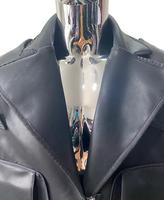 Blouson moto homme noir en cuir PU imperméable, col montant, fermeture à bouton unique, coupe ajustée, longueur standard, devant uni, hiver