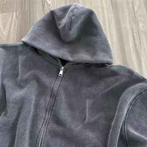 Sweat à capuche zippé vintage délavé à l'acide pour homme, coupe oversize streetwear, en coton épais 100%, imprimé animal, coupe carrée, gris anthracite, style rétro - Product Image 2