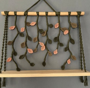 Artistic Green Leaf Pattern Macrame Wall Hanging Shelf With Wooden Base Suitable For Home <b>Decor</b> And Gifting Purpose From India - Product Image 4