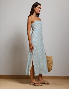 Robe sans manches rayée bleu clair pour femme avec ceinture, élégante, longueur genou, en satin, style printemps-été, confortable - Product Image 4