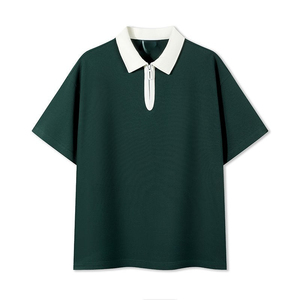 Polo à manches courtes surdimensionné pour homme avec col bleu marine, style décontracté, tissu tissé, couleur unie, coupe classique - Product Image 2