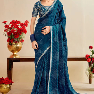 Sari en chiffon BANDHNI avec broderie, dentelle et blouse écologique - Product Image 1