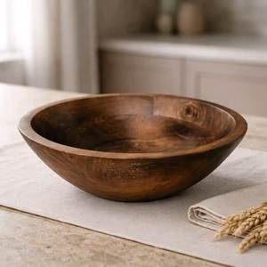 Bol de service rond en bois d'acacia fait main, style Wabi Sabi, assiette en bois pour la maison et la cuisine, bol de service minimaliste en bois - Product Image 2