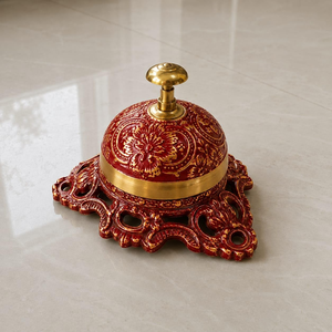 Cloche de service en laiton, cloche de réception décorative avec motif floral en émail rouge, cloche de table de style antique pour hôtel, bureau - Product Image 2