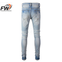 Celana Jeans Pria Slim Fit Straight Mid Waist Ripped Distressed Stonewashed Solid Winter Formal Rivet Button Washed
