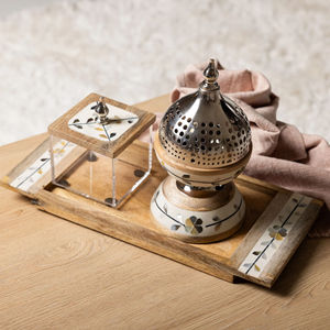 Modern Wooden Metal Incense Burner <b>Set</b> Wooden Tray Laser Cut Design Hand Made Eco Friendly Organic Aromatic for Middle East Use - Product Image 5