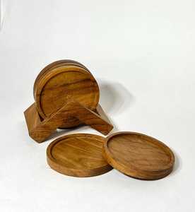 Handcrafted Teak Wood Coaster Set Triangular Holder Natural Design <b>Kitchen</b> <b>Accessory</b> Dining Table Drink Protection Water Resist - Product Image 1