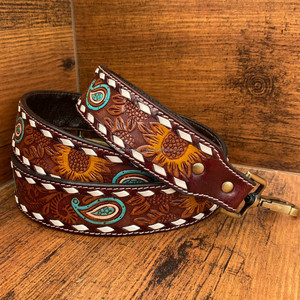 Premium Quality Personalizable Tooled <b>Leather</b> Western Replacement Purse <b>Strap</b> or <b>Camera</b> <b>Strap</b> with Antique Brass Finish Snaps - Product Image 2