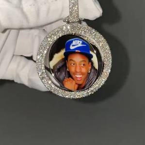 Pendentif photo personnalisé serti de diamants, collier avec médaillon rotatif, diamant moissanite, micro-pavé, cadre rond, argent 925 - Product Image 1