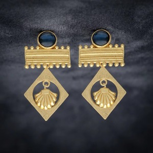 Matte Gold Seashell Diamond Stud Drop Earrings Blue Gemstone Beaded <b>Bar</b> Brass 18K Gold Plated Coastal Ethnic Wedding Party - Product Image 3