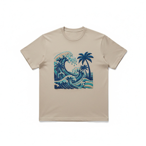 Camiseta de Manga Corta para Hombre, Color Beige, Cuello Redondo, Corte Regular, Diseño Frontal con Bordado a Mano de Palmera y Olas del Océano, Camiseta Casual de Algodón Jersey - Product Image 1