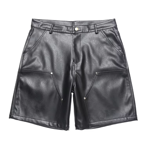 New Trendy Quality Clothes <b>Men's</b> Custom Solid Casual Style Zipper Fly Soft Knee-Length Leather <b>Shorts</b> with <b>Patch</b> Pockets - Product Image 1