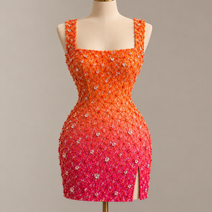 Vestido de Noche Mini Hecho a Mano con Cuentas y Lentejuelas, Ombré Naranja y Rosa, Sin Mangas, Ajustado, para Fiesta o Gala, con Abertura Frontal - Product Image 1
