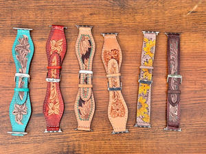 New Handmade Genuine Leather Custom Design Western Floral Tooled Painted <b>Watch</b> Bands Boho Western Replacement <b>Watch</b> Straps - Product Image 5