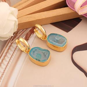 Boucles d'oreilles pendantes plaquées or avec agate drusy bleue, tranches de cristal naturel, pour femmes, vente en gros - Product Image 3