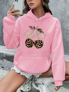 เสื้อฮู้ดดี้ผู้หญิงมีกระเป๋า ลายเสือดาวและเชอร์รี่ แขนยาว สไตล์สตรีทแวร์ เสื้อผ้าฮู้ดดี้สำหรับฤดูใบไม้ร่วง - Product Image 4