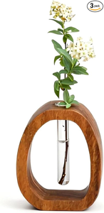 Vase mural en bois Art Déco FAIZA CRAFT avec insert en tube de verre, porte-fleurs décoratif artisanal écologique pour la maison et le bureau - Product Image 4