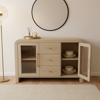 Buffet de salon, console avec trois tiroirs centraux et deux portes latérales vitrées, design moderne, meubles pour la maison