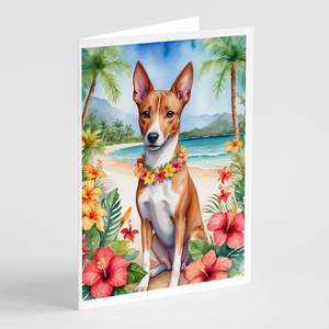 Tarjetas de felicitación de Basenji Luau Whimsical A7, paquete de 8 tarjetas de notas en blanco con sobres, tamaño 5x7 - Product Image 1