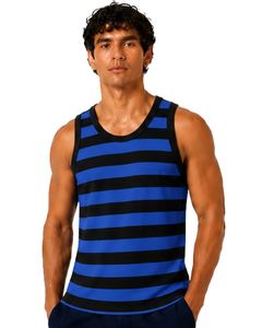 Camiseta sin mangas de algodón para hombre, camiseta informal de verano para gimnasio y Fitness, ropa informal holgada y transpirable, color azul real y negro a rayas - Product Image 1