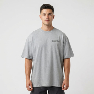 T-shirt en coton de haute qualité, surdimensionné, uni, à épaules tombantes, style streetwear pour hommes, respirant, gris - Product Image 6