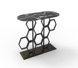 โต๊ะคอนโซลหินอ่อนทรงวงรีทันสมัยพร้อมฐานโลหะลายรังผึ้งสำหรับตกแต่งภายในสุดหรู - Product Image 1