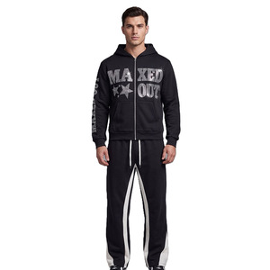 Conjuntos de sudaderas con capucha de algodón polar con cremallera completa y pantalones acampanados para hombre OEM, venta al por mayor con logotipo de diamantes de imitación personalizado brillante - Product Image 1