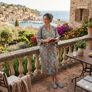 ชุดนอนผ้าฝ้ายทำมือลายดอกไม้สำหรับผู้หญิง เสื้อคลุมกิโมโนสีเทา คอวี แขนยาว มีกระเป๋าด้านหน้า ชุดลำลอง - Product Image 2