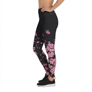 Leggings de Cintura Alta con Estampado Floral para Mujer, Leggings Deportivos Elásticos de Longitud Completa, Tejido de Punto con Estampado Digital, Diseño de Flores de Cerezo en Negro y Rosa - Product Image 3