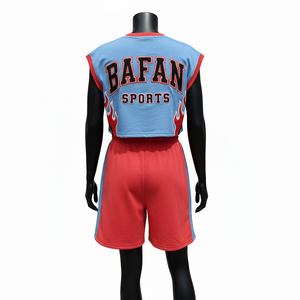 ชุดกีฬาแขนกุดผู้หญิงผ้าฝ้าย 100% ผ้าคอตตอนผสมโพลีเอสเตอร์เนื้อหนา สีแดงน้ำเงินตัดกัน พร้อมปักโลโก้ - Product Image 6