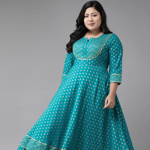 Kurta Anarkali en coton à fleurs turquoise, grande taille, pour femme, tenue de tous les jours, col en V, manches trois quarts, légère - Product Image 1
