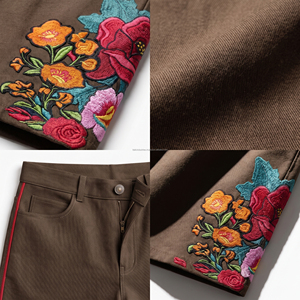 Pantalones cortos casuales bordados para hombre, color marrón, cintura alta, cierre de cremallera, diseño floral, estilo veraniego, pantalones cortos de mezclilla con diseño de flores bordadas - Product Image 6